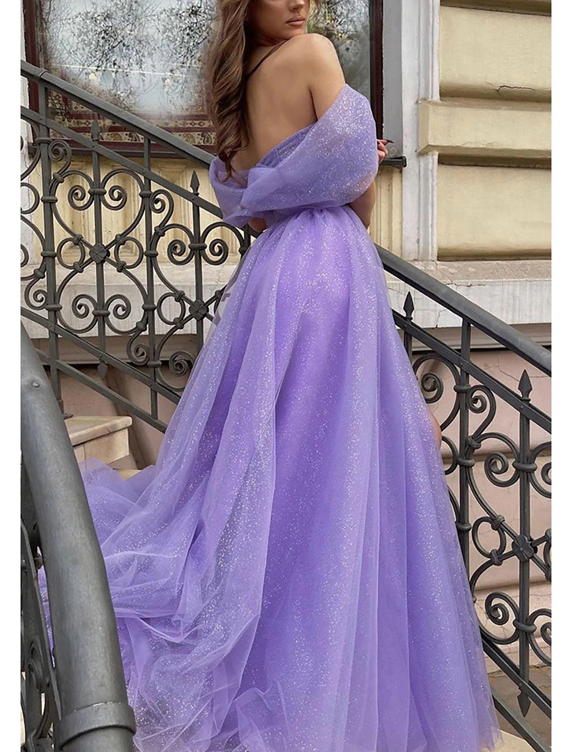 Vestido de fiesta de corte A, vestido de fiesta brillante y resplandeciente, vestido formal de fiesta con cola larga/cortada, sin mangas, escote corazón, tul, espalda descubierta y pliegues